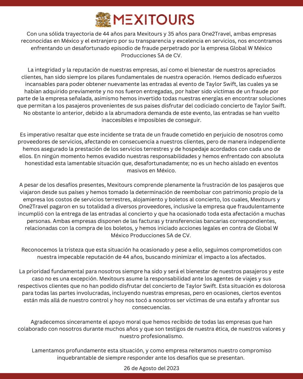 Comunicado Mexitours Taylor Swift