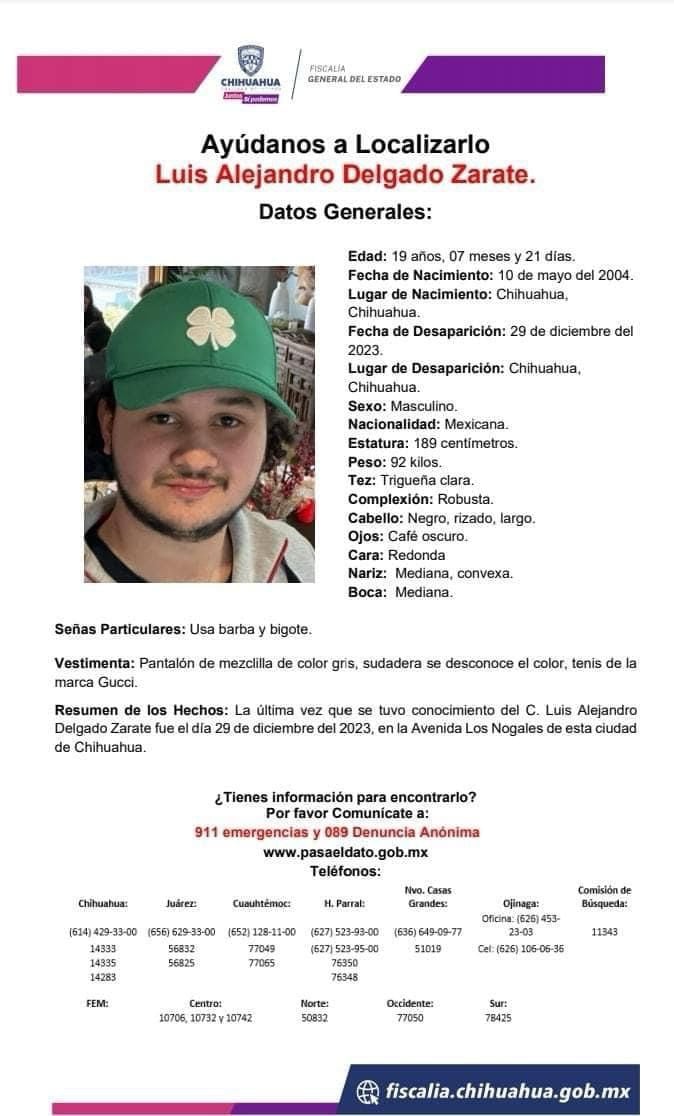 Ficha de búsqueda de Luis Alejandro Delgado Zárate, desaparecido en Chihuahua
