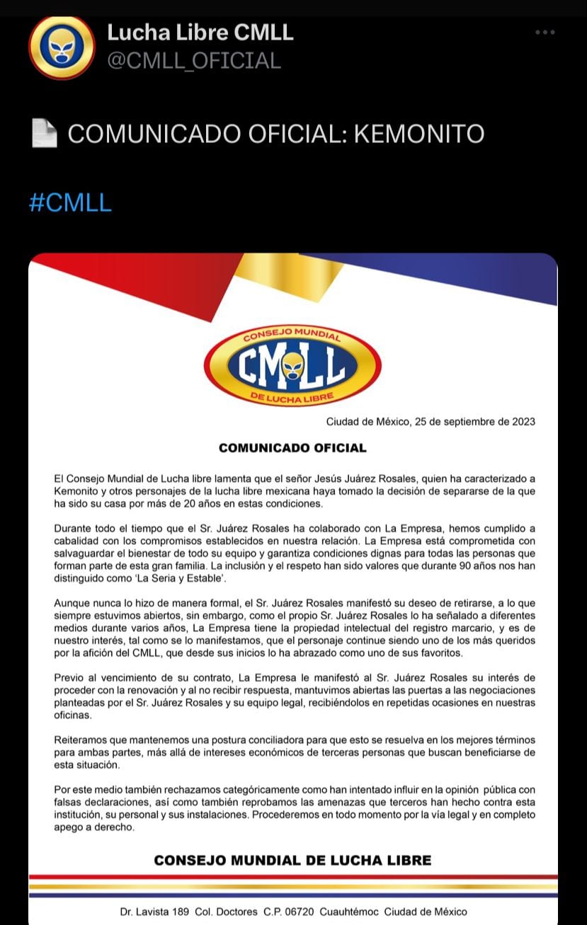 El Consejo Mundial de Lucha Libre habló sobre las acciones legales que emprende junto a Kemonito.