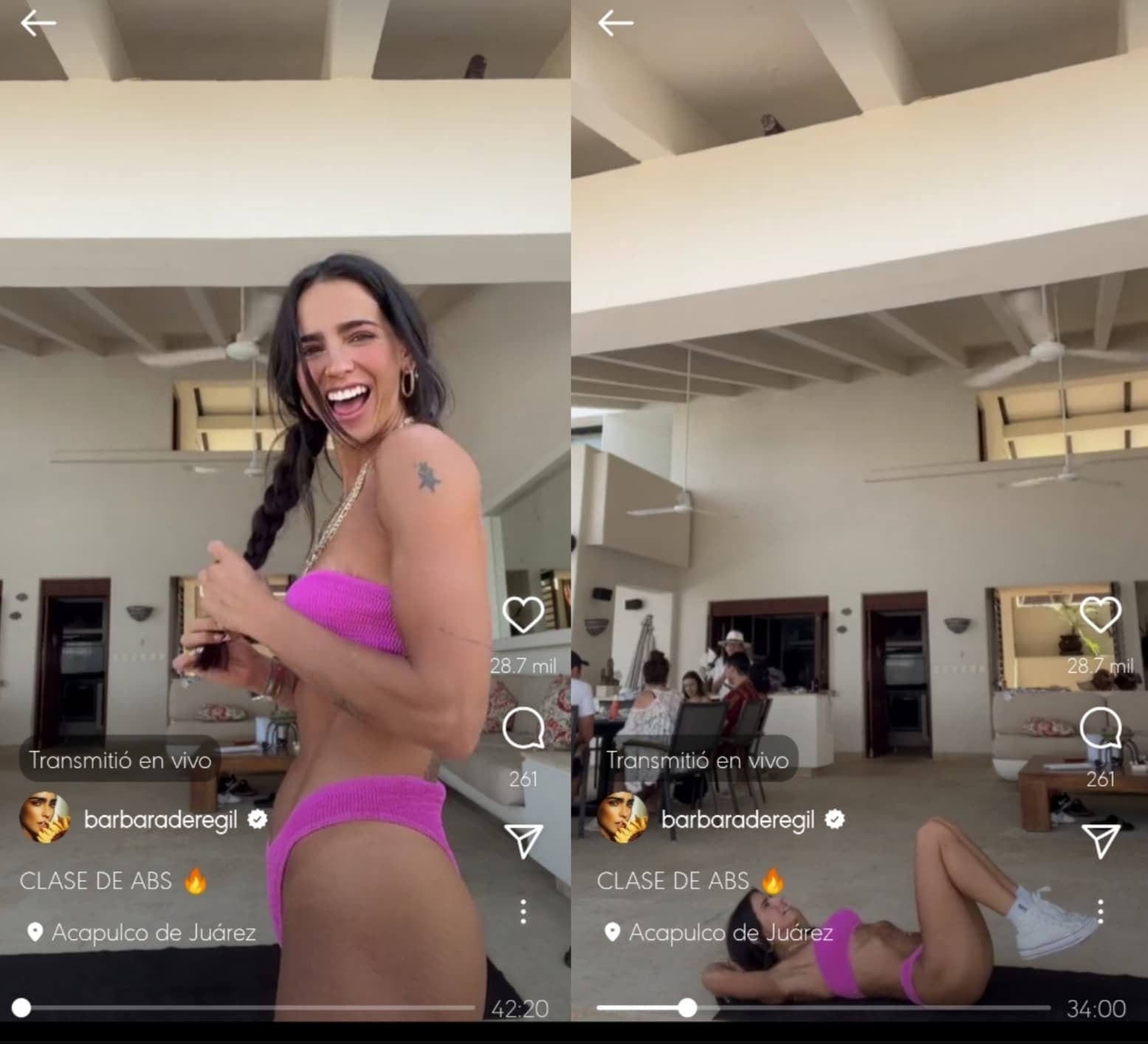 Bárbara de Regil da clase fitness mientras su familia desayuna frente a ella.