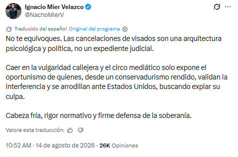 Ignacio Mier llama a defender la soberanía tras cancelación de visa de López Beltrán