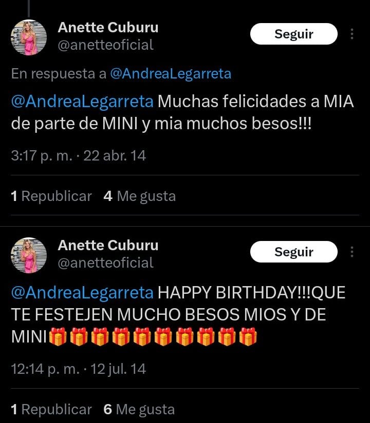 Anette Cuburu hasta le mandaba felicitaciones y besos a Andrea Legarreta