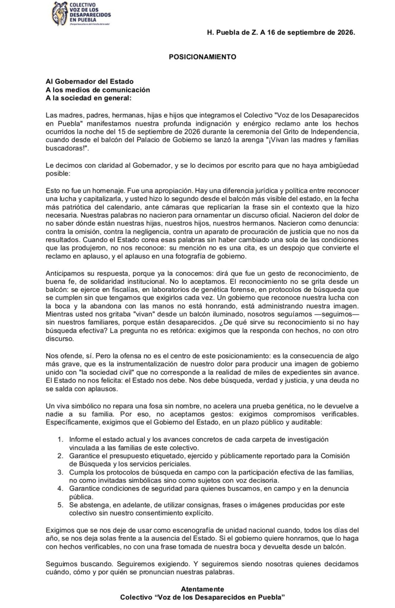 “¡Vivan las madres buscadoras!”: Alejandro Armenta las incluye en su Grito de Independencia