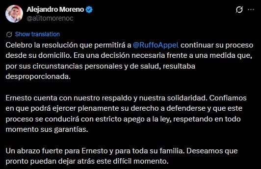 Alejandro Moreno celebra cambio a prisión domiciliaria de Ernesto Ruffo