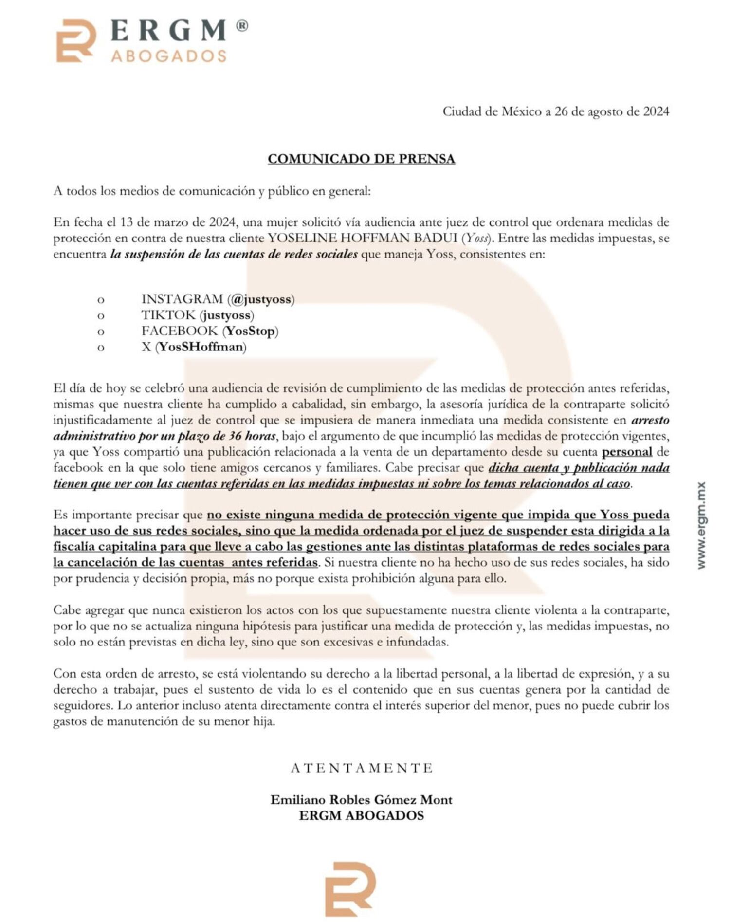 Abogados de Yosstop revelan que estará arrestada 36 horas