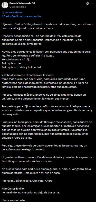 Madre de Carlos Emilio Galván recuerda a su hijo en Navidad