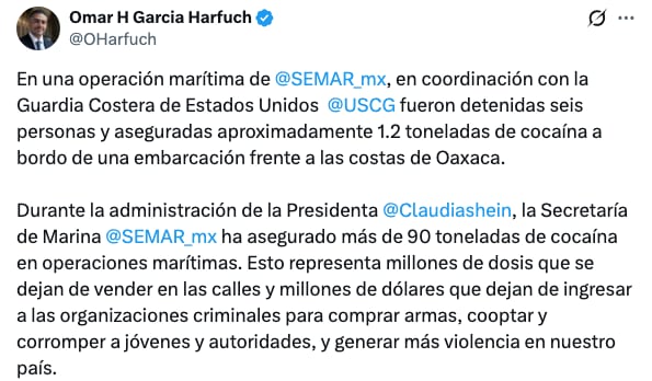 Omar García Harfuch sobre decomiso de cocaína en Oaxaca