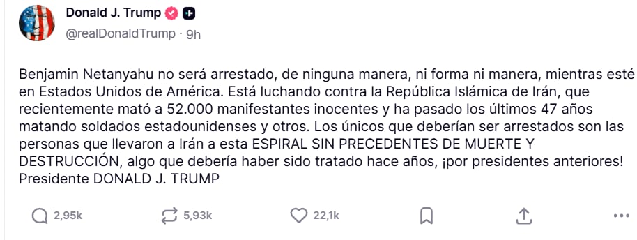 Donald Trump descarta detención de Netanyahu