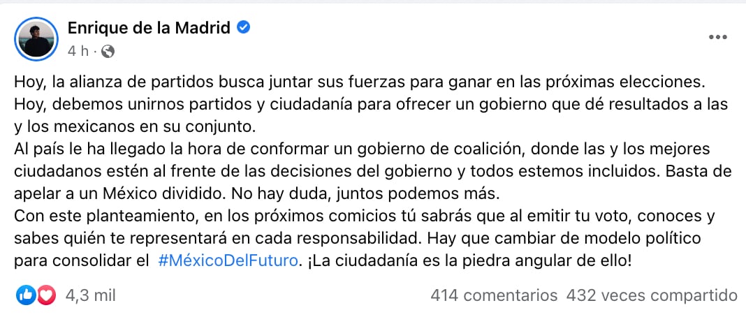 Enrique de la Madrid asegura que Va por México no dividirá al país
