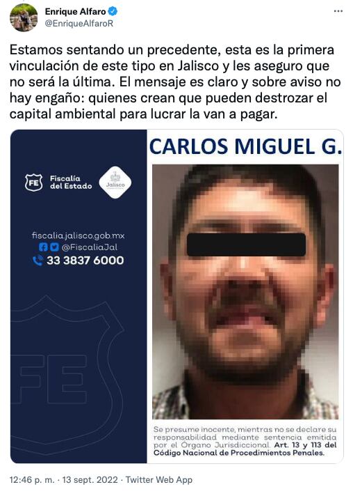 Enrique Alfaro celebra vinculación a proceso de Carlos Miguel, presunto responsable de la devastación forestal en Ahualulco