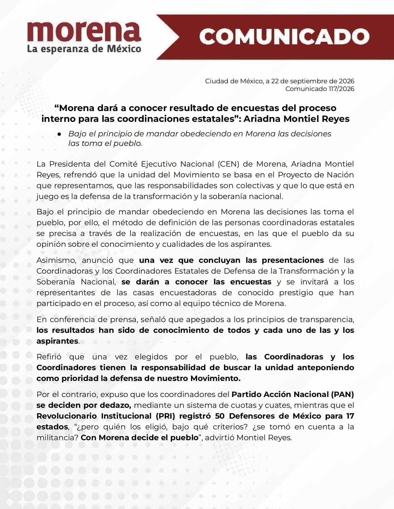 Comunicado de Morena de presentación de resultados de encuestas de sus 17 coordinaciones estatales