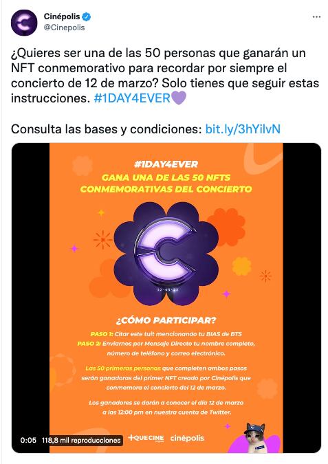 Cinépolis rifa NFT de BTS