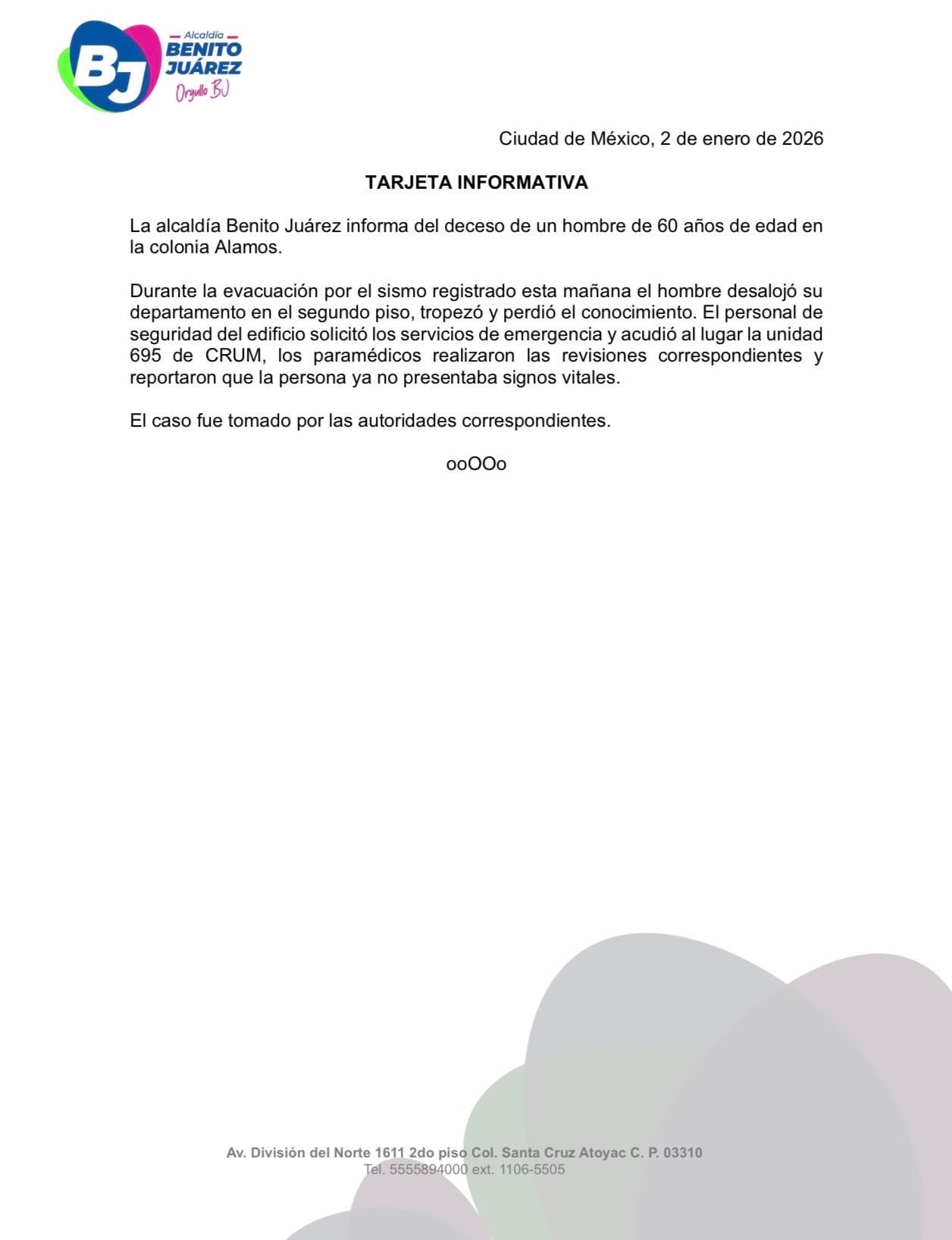 Alcaldía Benito Juárez en CDMX confirma la muerte de una persona tras el sismo en Guerrero.