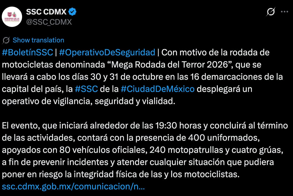 Mega Rodada del Terror 2026 en CDMX: fechas, horarios y operativo de seguridad
