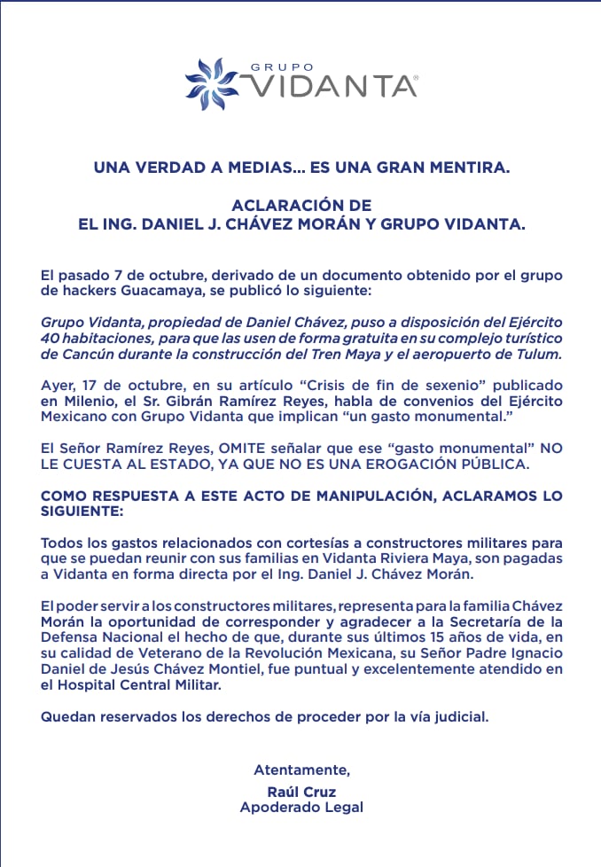 Aclaración de Grupo Vidanta