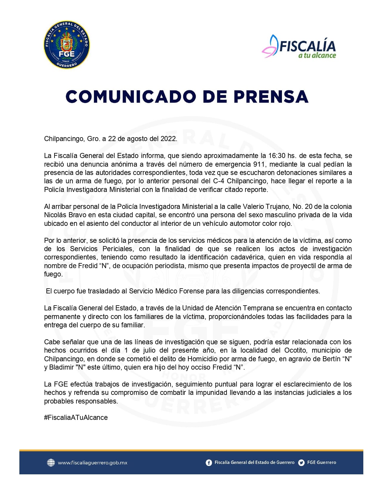 Fiscalía de Guerrero vincula asesinato del periodista Fredid Román con la de su hijo/ FGE de Guerrero