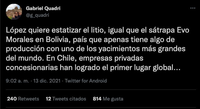 Gabriel Quadri equipara a AMLO con Evo Morales