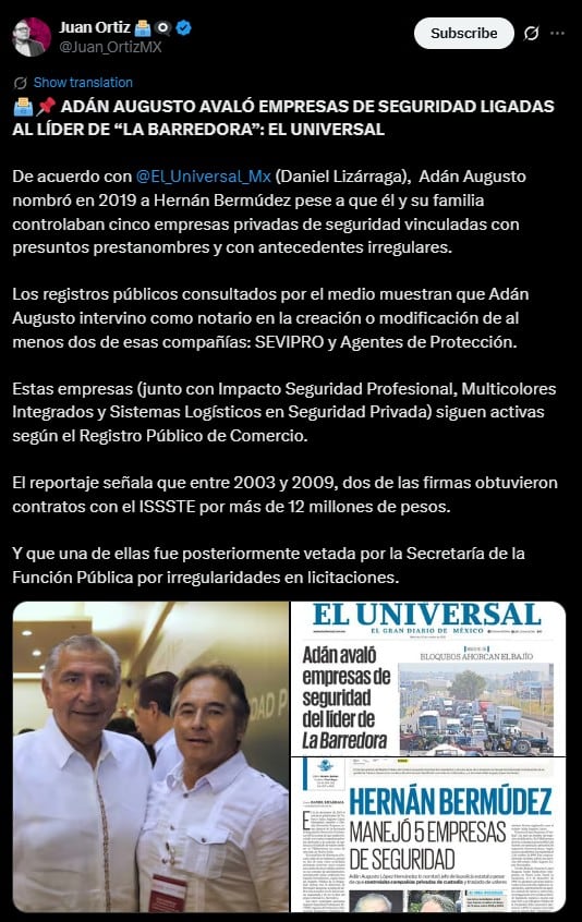 Acusan a Adán Augusto López de avalar empresas vinculadas a Hernán Bermúdez Requena