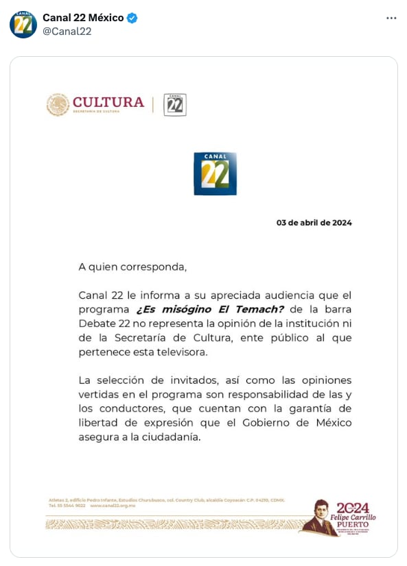 Canal 22 se deslinda de las opiniones de El Temach en su programa