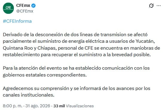 CFE trabaja para restablecer la luz en Chiapas, Quintana Roo y Yucatán