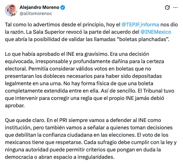 Alejandro Moreno sobre fallo del TEPJF contra "boletas planchadas"