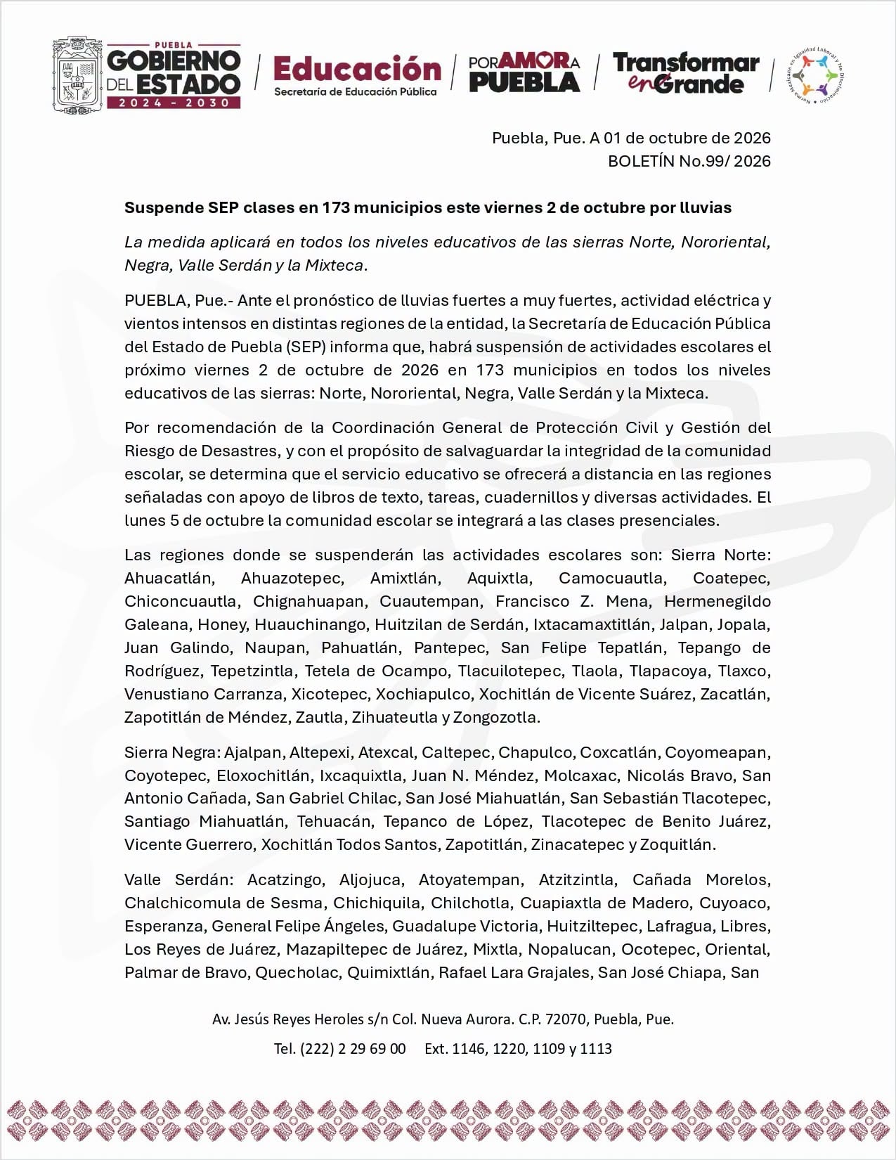 SEP anuncia suspensión de clases en 173 municipios de Puebla por lluvias