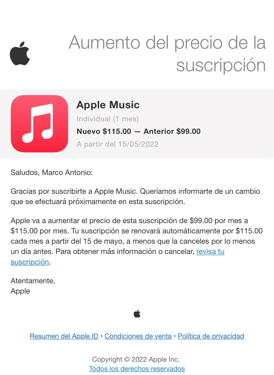 Mensaje de Apple Music sobre el aumento de precios