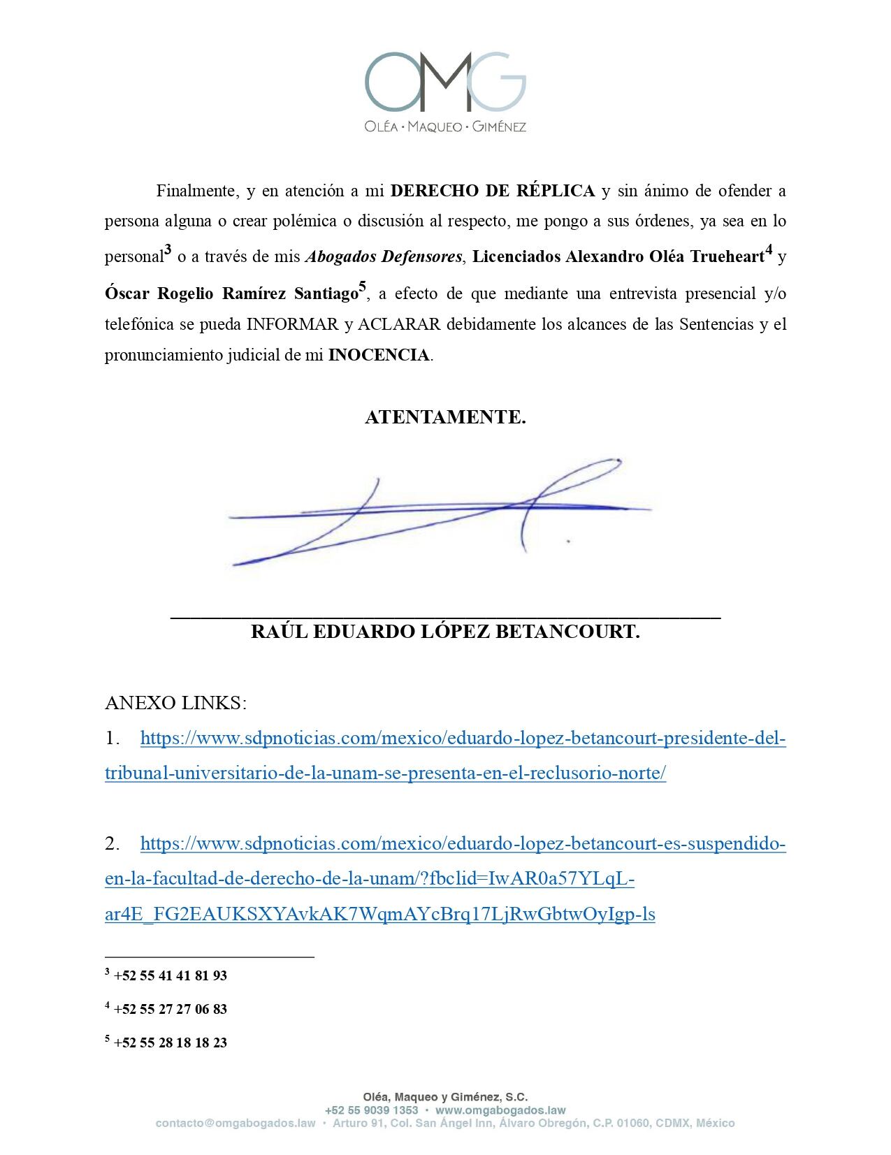 Derecho de réplica de Eduardo López Betancourt