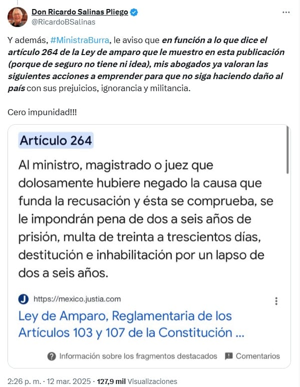 Ricardo Salinas Pliego explotó contra Lenia Batres y la insultó en X