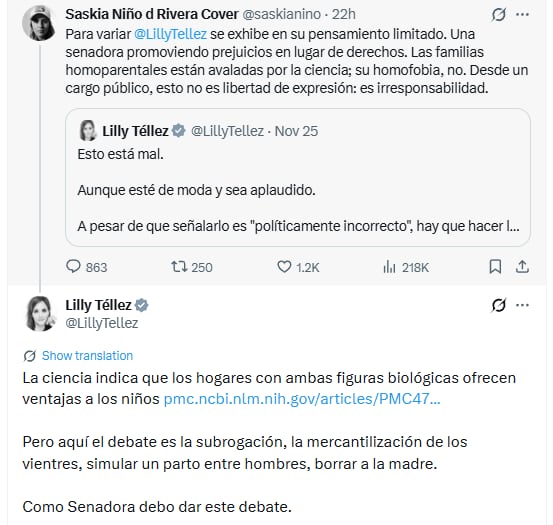 Saskia Niño de Rivera responde a Lilly Téllez por comentarios homofóbicos