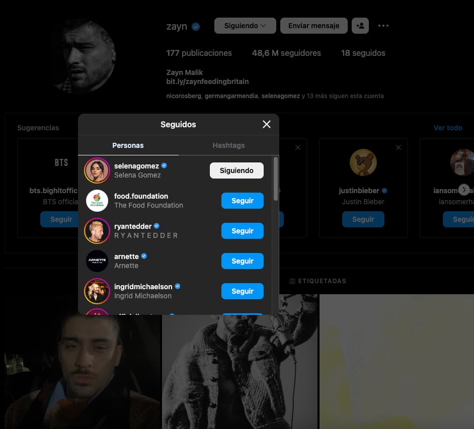 Zayn como Selena se empezaron a seguir respectivamente en sus cuentas de Instagram