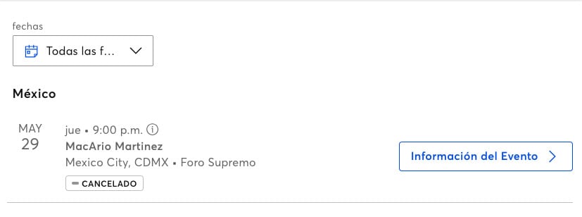 Ticketmaster cancela concierto de Macario Martínez.