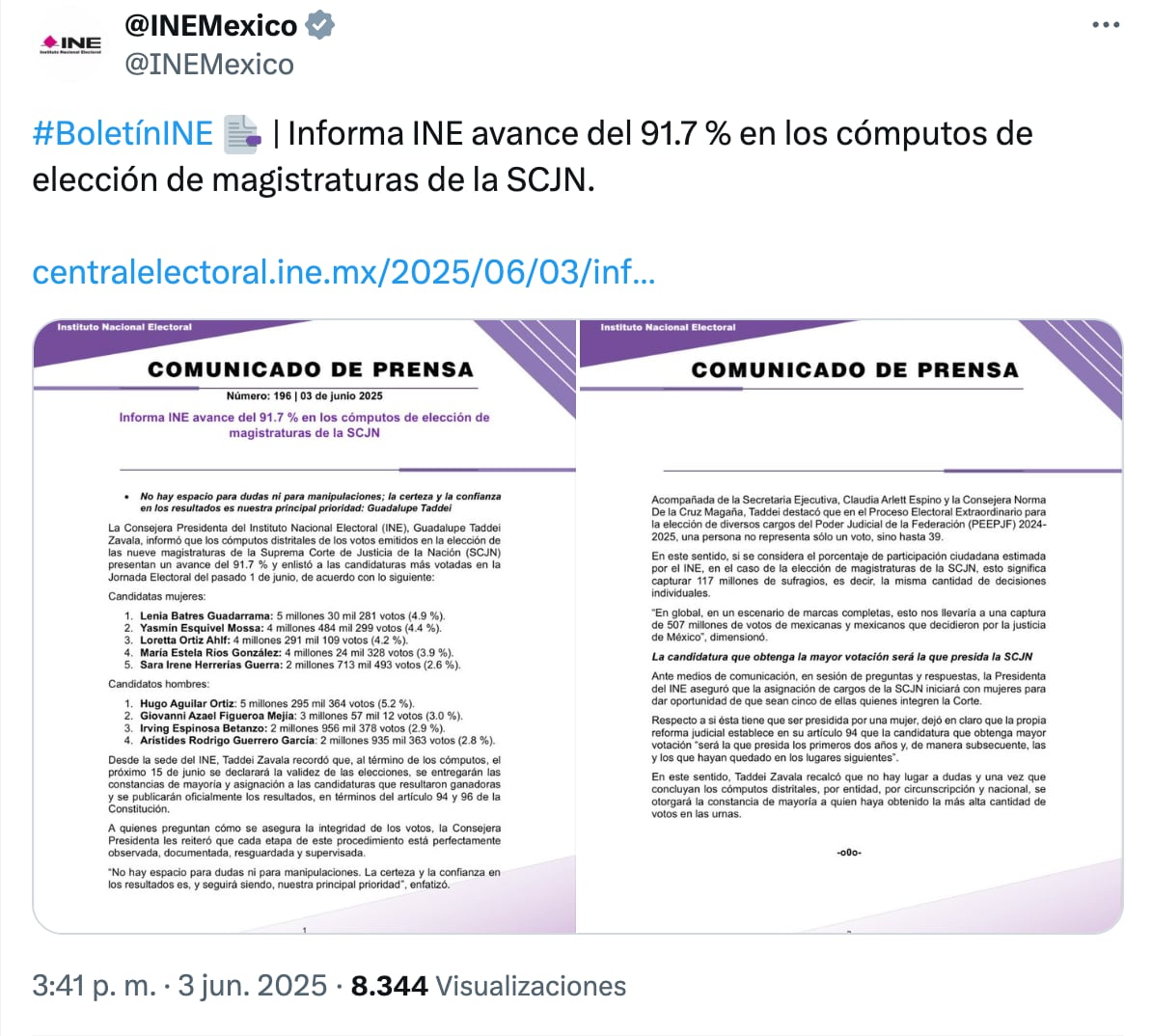 Comunicado del INE sobre los cómputos distritales