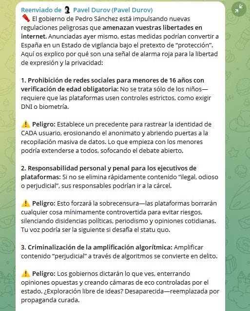 CEO de Telegram convoca a usuarios en España a denunciar restricciones para menores