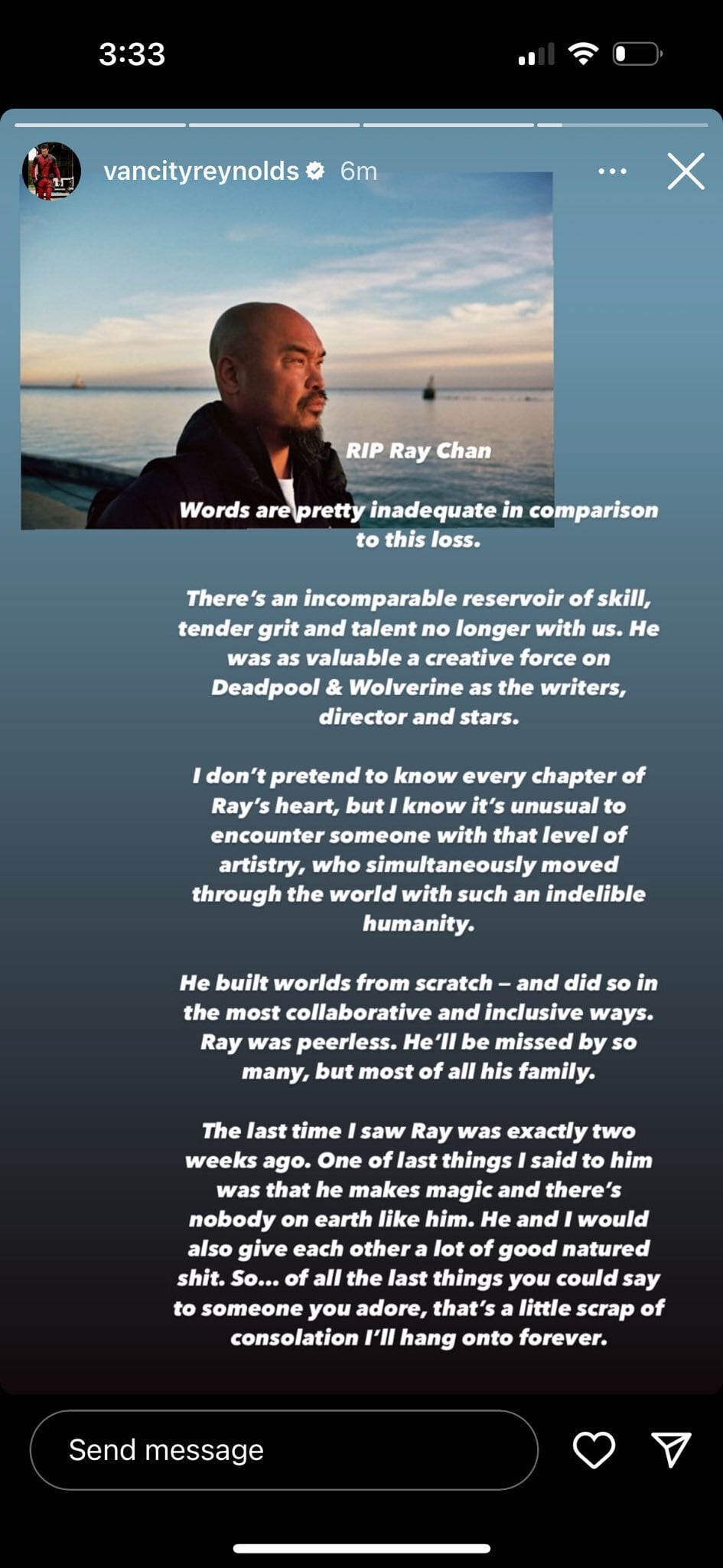 Ryan Reynolds se despide de Raymond Chan, director de arte de Marvel