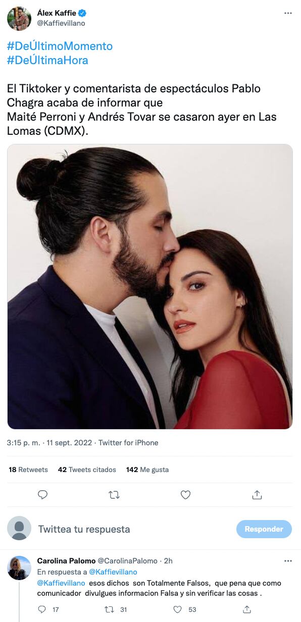Mánager de Maite Perroni niega boda con Andrés Tovar