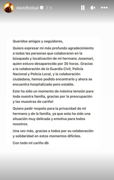 David Bisbal agradece la localización de su hermano