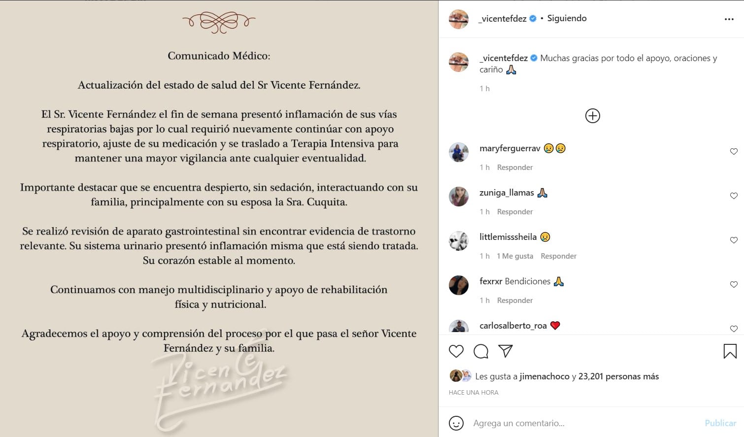 Vicente Fernández: Parte médico del 30/1172021
