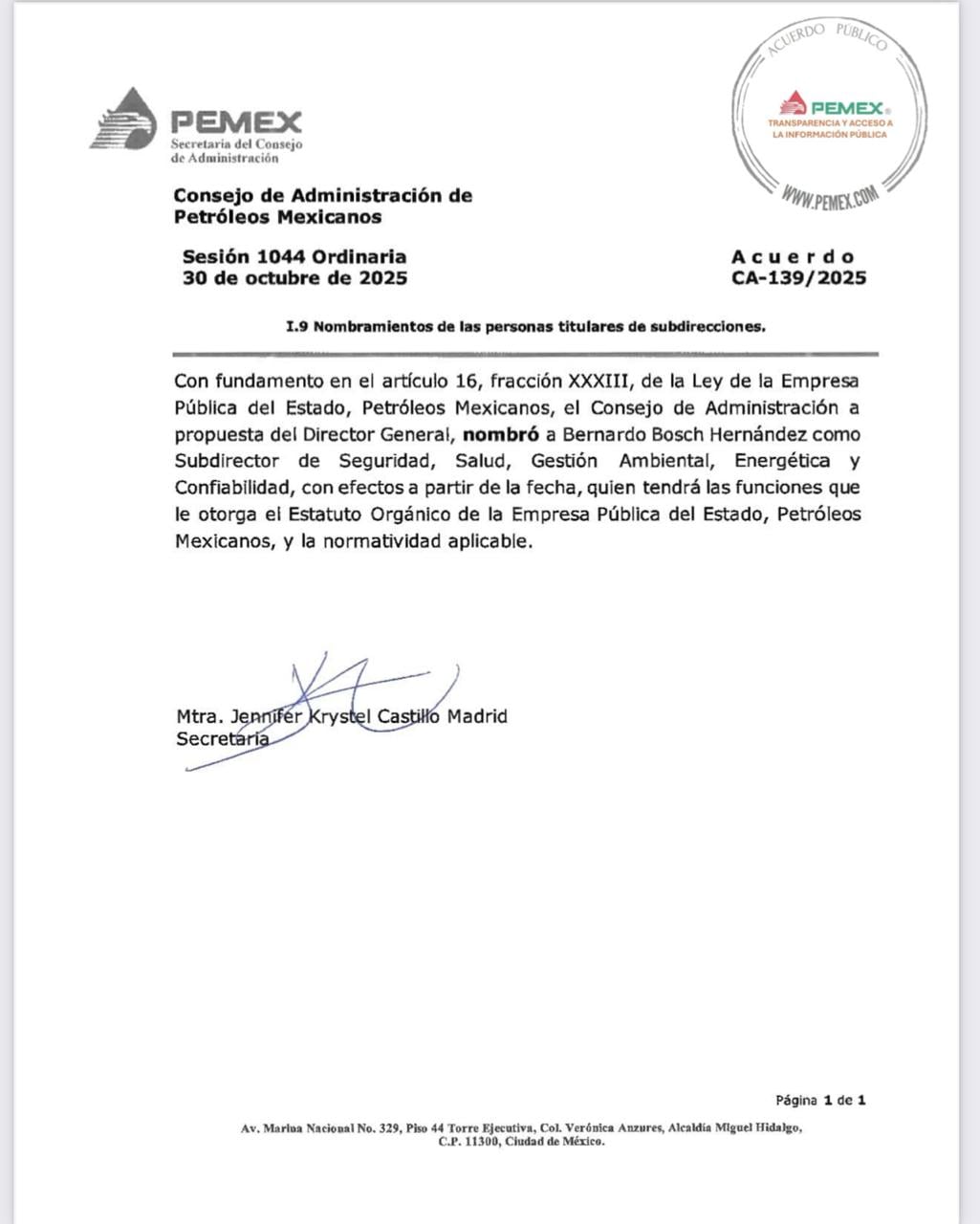 Nombramiento de Bernardo Bosch como subdirector de Seguridad, Salud, Gestión Ambiental, Energética y Confiabilidad