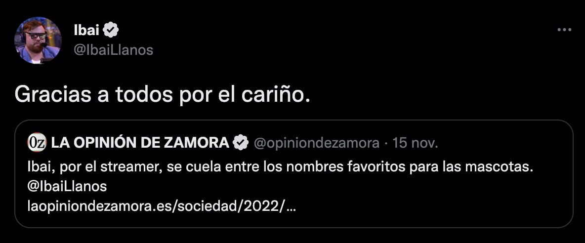 Ibai agradece ser popular para los nombres de mascotas