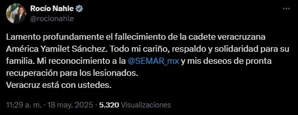 Rocío Nahle envía condolencias tras la muerte de América Yamilet Sánchez