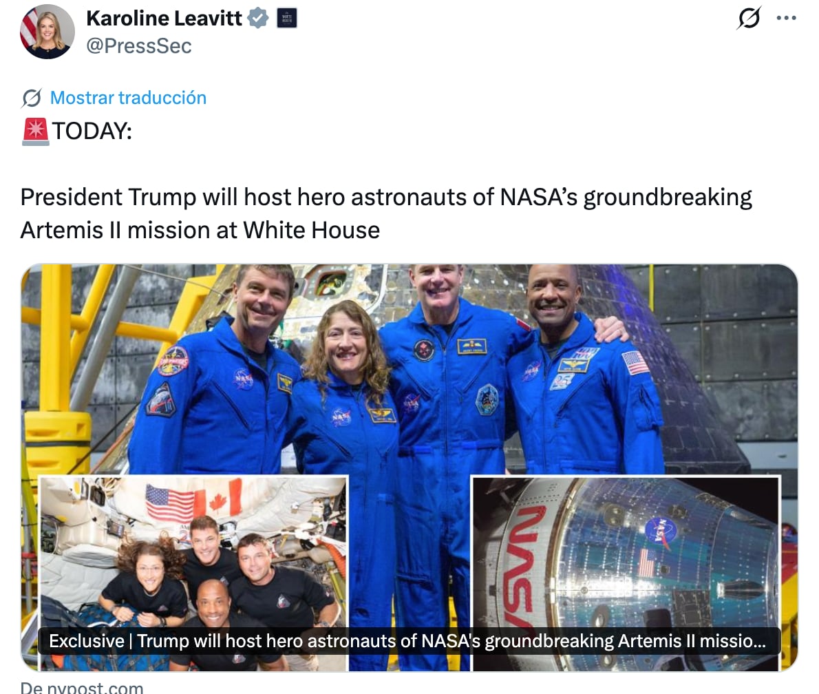 Donald Trump recibirá a los astronautas de Artemis II de la NASA