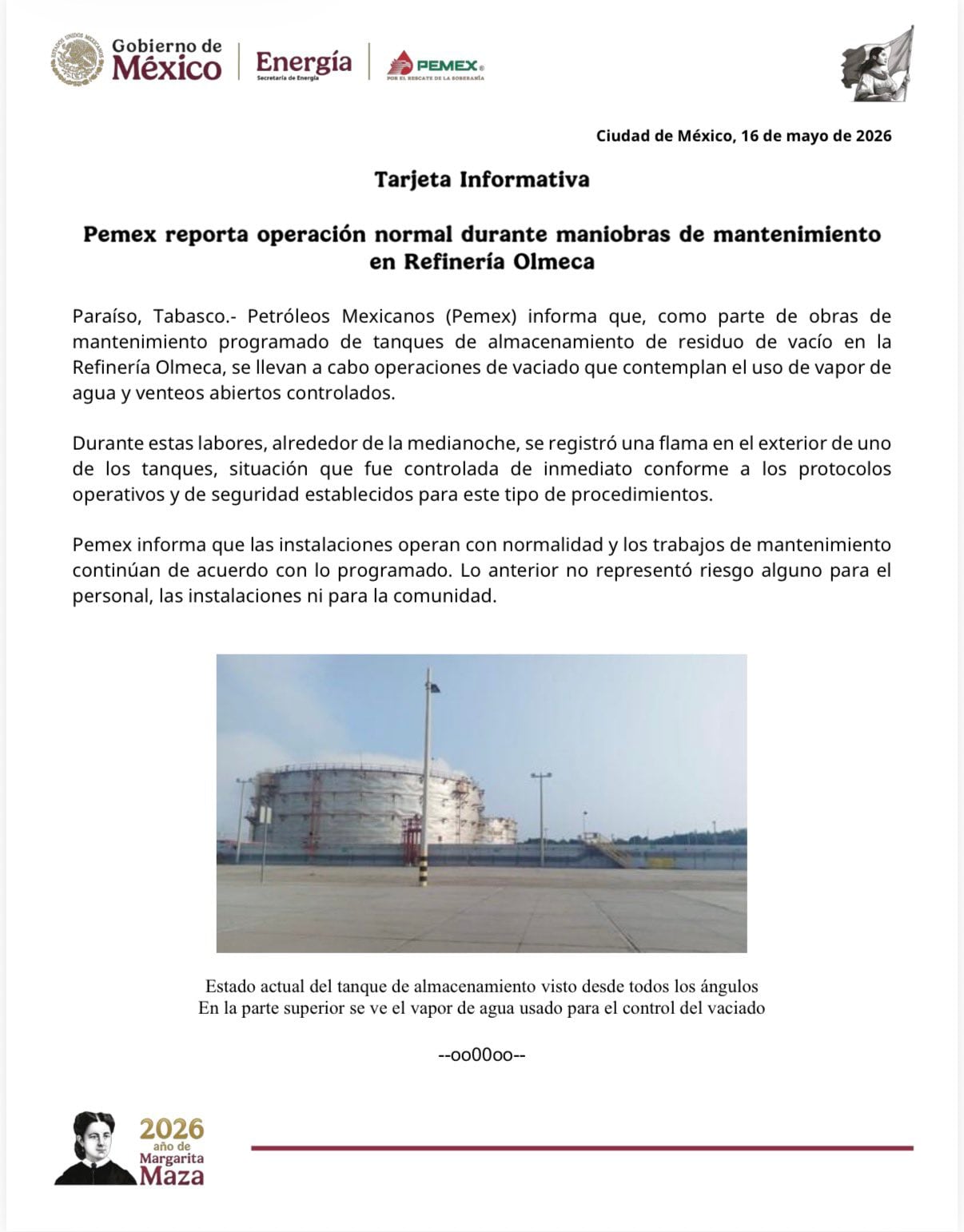 Pemex asegura que Dos Bocas opera con normalidad tras incendio