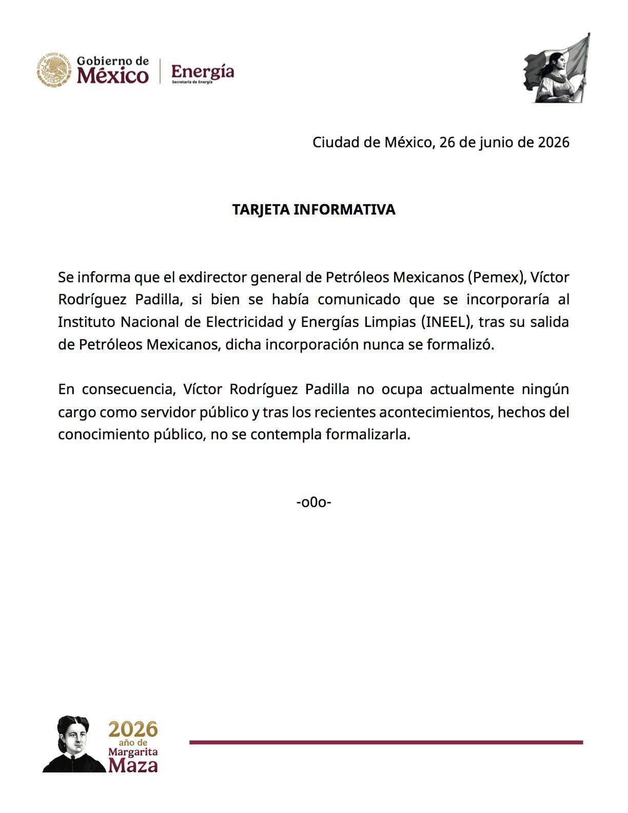 Sener deslinda al INEEL de Víctor Rodríguez Padilla