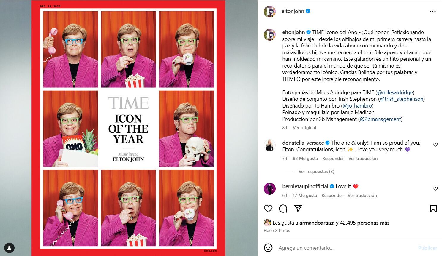 Elton John agradece ser nombrado Ícono del Año 2024 por  la revista TIME