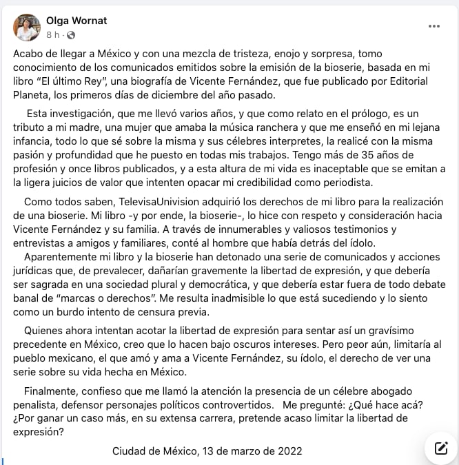 Comunicado de Olga Wornat sobre censura a TelevisaUnivision por 'El Último Rey'
