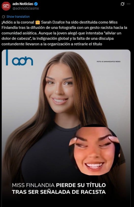 Miss Finlandia pierde su título por conducta racista