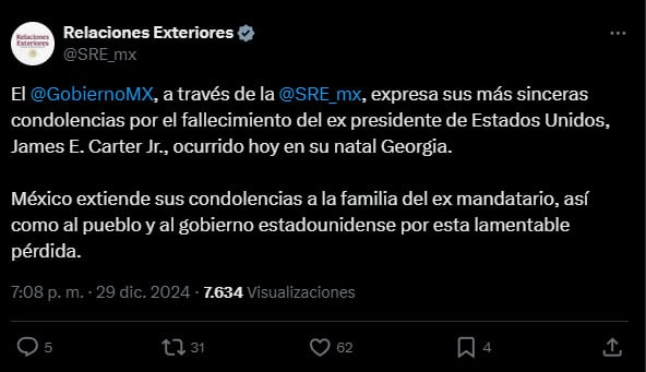 México lamenta muerte de Jimmy Carter, ex presidente de Estados Unidos