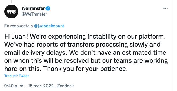 WeTrasfer presenta fallas en su servicio