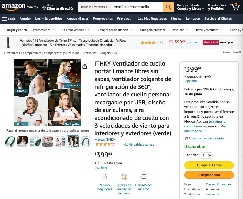 Ventilador de cuello portátil en Amazon